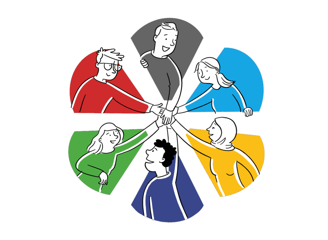 Illustratives Logo des Netzwerks Diklusion: Sechs unterschiedlich dargestellte Personen in bunten Segmenten (rot, grau, blau, gelb, dunkelblau, grün) strecken die Hände zur Mitte und legen sie übereinander – Symbol für Vielfalt, Zusammenhalt und Zusammenarbeit im Kontext digitaler Inklusion.
