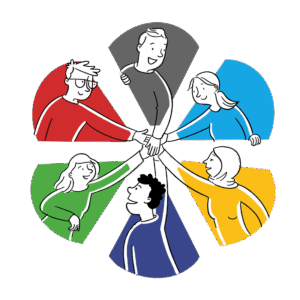 Illustratives Logo des Netzwerks Diklusion: Sechs unterschiedlich dargestellte Personen in bunten Segmenten (rot, grau, blau, gelb, dunkelblau, grün) strecken die Hände zur Mitte und legen sie übereinander – Symbol für Vielfalt, Zusammenhalt und Zusammenarbeit im Kontext digitaler Inklusion.