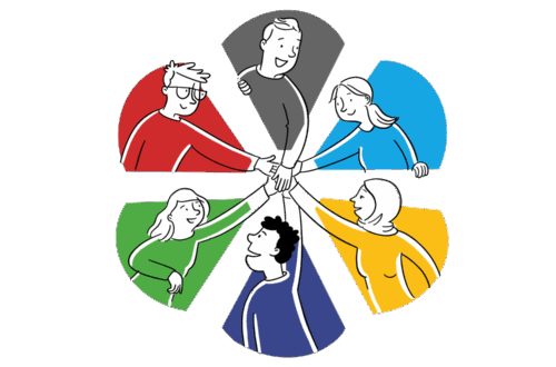Illustratives Logo des Netzwerks Diklusion: Sechs unterschiedlich dargestellte Personen in bunten Segmenten (rot, grau, blau, gelb, dunkelblau, grün) strecken die Hände zur Mitte und legen sie übereinander – Symbol für Vielfalt, Zusammenhalt und Zusammenarbeit im Kontext digitaler Inklusion.