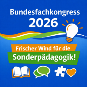 Grafik: Bundesfachkongress 2026 – ‚Frischer Wind für die Sonderpädagogik!‘ mit Symbolen für Bildung und Austausch.