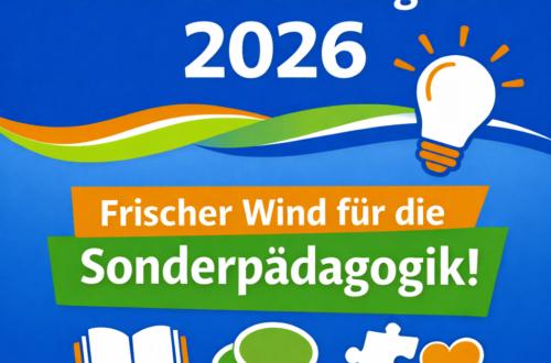 Grafik: Bundesfachkongress 2026 – ‚Frischer Wind für die Sonderpädagogik!‘ mit Symbolen für Bildung und Austausch.