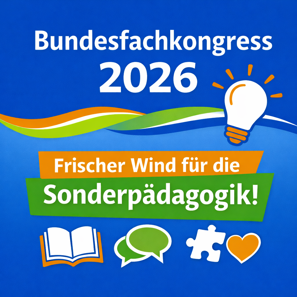 Grafik: Bundesfachkongress 2026 – ‚Frischer Wind für die Sonderpädagogik!‘ mit Symbolen für Bildung und Austausch.