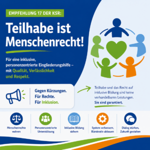 Grafik in Blau, Grün und Orange mit der Aussage „Teilhabe ist Menschenrecht!“. Symbole stehen für Inklusion und Unterstützung.