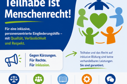 Grafik in Blau, Grün und Orange mit der Aussage „Teilhabe ist Menschenrecht!“. Symbole stehen für Inklusion und Unterstützung.