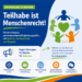 Grafik in Blau, Grün und Orange mit der Aussage „Teilhabe ist Menschenrecht!“. Symbole stehen für Inklusion und Unterstützung.